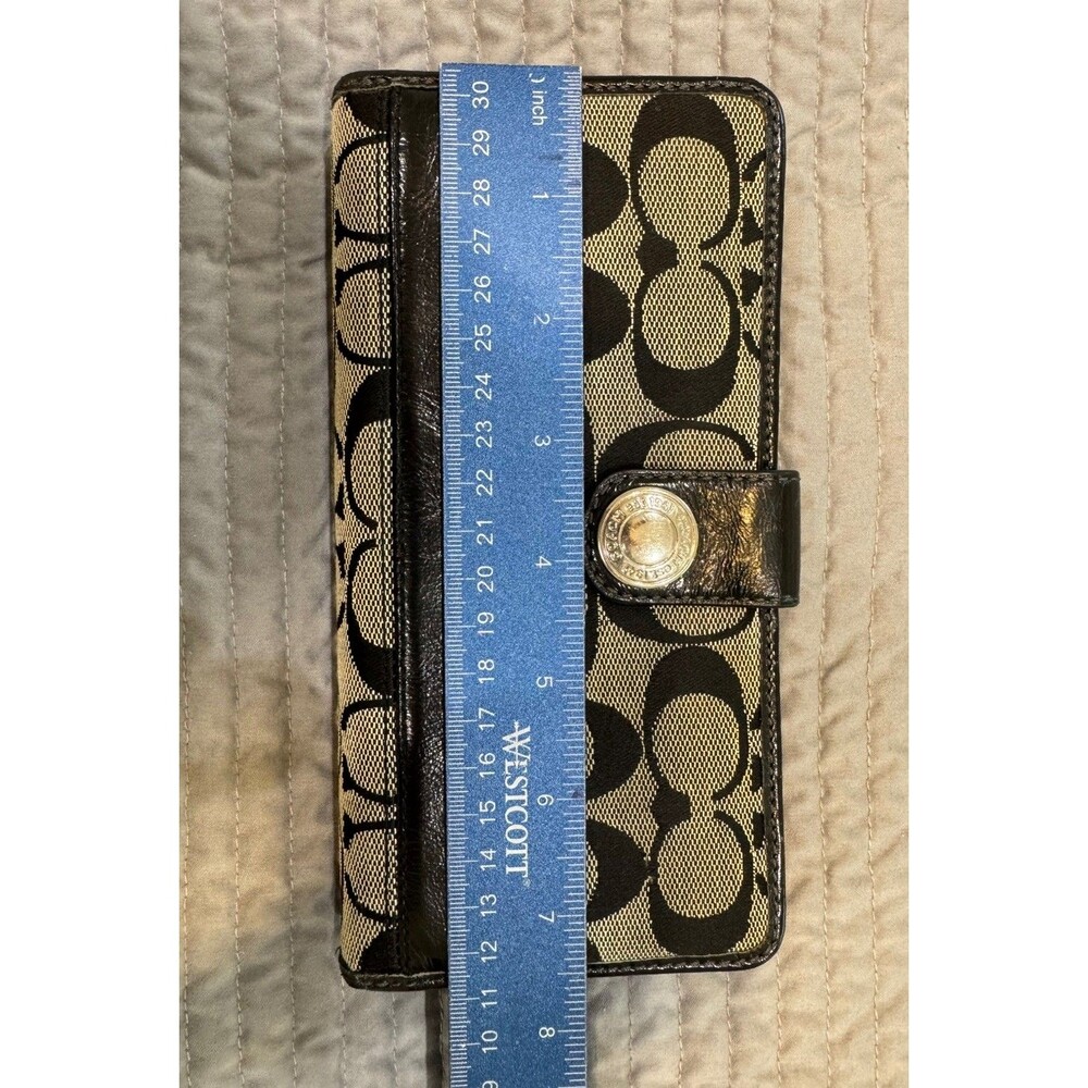 Coach Signature Jacquard Checkbook Wallet Black Leather Zip Around Organizer - Picture 5 of 16